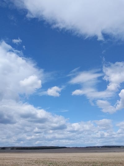 The image shows a rural scene in Дерезовка, Russia. A wide-open field, likely agricultural land, occupies the lower portion of the frame. The field is brown and appears to be harvested, with visible stubble or remnants of crops. In the distance, a line of trees forms a horizon, suggesting a forest or a distant treeline. Above the field, the sky dominates the scene. It is a mix of blue sky and scattered clouds, ranging from puffy white cumulus clouds to thinner, wispy cirrus clouds. The sky is brighter in the upper center. There are no people or other identifiable objects. The overall atmosphere is one of openness and a calm, rural landscape.