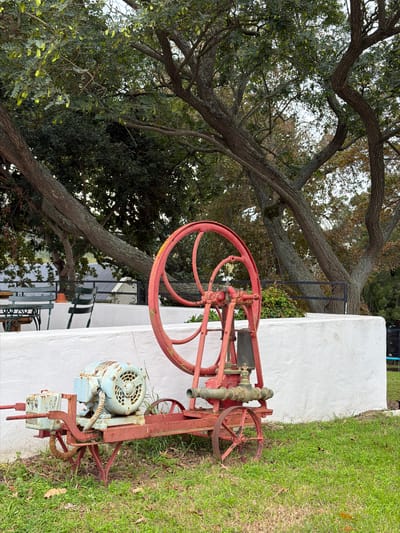 An antique water pump is situated on a grassy lawn adjacent to a white stucco wall. The pump is painted red with a blue electric motor attached. The pump is composed of a large wheel, a brass mechanism, and small wheels. Behind the pump is a tree, with a partially obscured outdoor patio set visible under the tree. The location is likely in Theewaterskloof NU, South Africa.