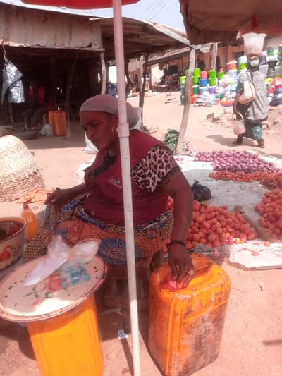 This image depicts an outdoor market scene in Kpak, Nigeria, under bright daylight. In the foreground, a woman is seated, wearing a grey headscarf, a red short-sleeved top with leopard-print patterns on the sleeves, and a multi-colored patterned wrapper. She has gold hoop earrings. Her left hand rests on a large, orange plastic jerry can with a red cap. Directly in front of her, a light-colored, round metal tray with a floral design holds two clear plastic bags containing white and blue substances, resting on another orange jerry can. An enamel bowl containing a red substance and a small orange plastic bottle are positioned to her left. A large woven basket is visible next to her.
To the right of the seated woman, large piles of reddish-purple onions and bright red tomatoes are arranged on a white sheet spread directly on the reddish-brown earth ground. A white pole, possibly supporting a red canopy partially visible at the top, extends vertically in the frame.
In the middle ground, another woman is walking away from the viewer, carrying a clear plastic container on her head, a light-colored bag over her shoulder, and a small white basket in her left hand. Behind her, a market stall displays numerous colorful plastic buckets and basins, predominantly green, blue, and red. The background features various simple market structures constructed with wooden posts and corrugated metal roofs, indicating additional stalls and activity. The ground throughout the scene is dry, reddish-brown earth.