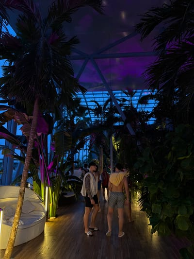 The image displays an indoor tropical garden environment, specifically within the Therme București complex located in Balotești, near Săftica, Romania. The setting features a high, geometrically-structured glass ceiling providing ambient blue illumination, while numerous palm trees and large-leafed tropical plants are highlighted with purple uplighting and ground-level white linear light fixtures. The ground surface is a wooden pathway.

Approximately 7-10 individuals, predominantly young adult males, are present on the pathway. In the foreground, a male subject on the left stands facing slightly right, wearing a light-colored sleeveless vest, dark shorts, and white slide sandals. He exhibits short dark hair, facial hair, and visible arm tattoos. To his right, another male subject is seen from the rear, wearing patterned swim shorts, a yellow towel draped over his shoulders, and light-colored slide sandals. Other individuals are less distinct in the background, largely obscured by foliage, generally appearing in swimwear and moving along the path. A white, curved lounge seating unit is visible on the left side of the pathway. The scene is characterized by atmospheric lighting and dense tropical vegetation.