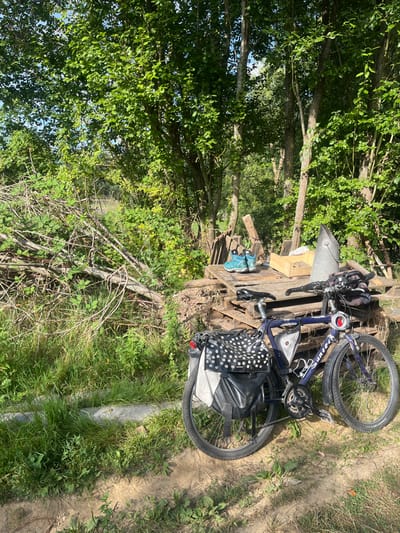 The scene depicts an outdoor, natural environment located in Sint-Pieters-Leeuw, Belgium, under clear daylight conditions. A dark blue "Suntech" brand touring bicycle is positioned upright in the foreground, facing right, on a dirt path. The bicycle is equipped with a rear rack holding two panniers: a black one with white polka dots on the left side and a light-colored, possibly white or light grey, one on the right. A triangular frame bag and a smaller under-top-tube bag are attached to the frame. The bicycle has front and rear mudguards, handlebar extensions, and visible front and rear lights.
To the right of the bicycle, a stack of weathered wooden pallets forms a raised surface. On these pallets, a pair of teal-colored outdoor shoes, a small wooden crate, and a tall, conical metal object, resembling a bucket or bin with a handle, are present.
The immediate ground consists of dirt and sparse green vegetation. To the left of the bicycle, an area of dense green grass and weeds contains a horizontal, light grey concrete pipe segment partially embedded in the ground. Further to the left and extending into the midground, a substantial pile of cut branches and dense green foliage is visible. The background and right side of the image are dominated by numerous deciduous trees with full green leaves, indicating a lush, overgrown area. No individuals are present in the image.