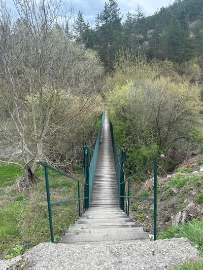 The image shows a long, wooden pedestrian suspension bridge in Tompsan, Bulgaria. The bridge has green metal railings and extends into a wooded area. The bridge deck is made of parallel wooden planks. At the right side of the image are wooden steps leading up to the bridge, with a gravel path adjacent to the steps. Trees and bushes are visible on both sides of the bridge. The sky is overcast. There is a power line in the background to the left.