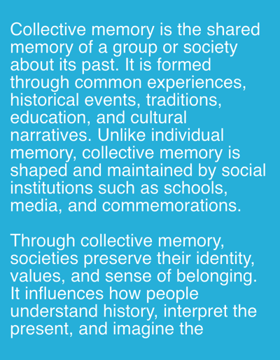 The image is a text block on a blue background. The text defines "collective memory" as the shared memory of a group or society about its past, formed through common experiences, historical events, traditions, education, and cultural narratives. It highlights that unlike individual memory, collective memory is shaped and maintained by social institutions like schools, media, and commemorations. The text further explains that through collective memory, societies preserve their identity, values, and sense of belonging, influencing how people understand history, interpret the present, and imagine the future. The location (Donchevo, Bulgaria) is irrelevant, as it's a text-based image, not a photograph of a scene.