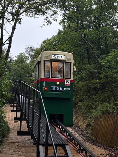 The image depicts a green and beige funicular train on a track surrounded by lush trees in Nagakute, Japan. The train has "のぼり" (nobori), meaning "climbing," written in Japanese characters on its front. Below this, the number "15" is displayed, along with "ととこ森" (totokomori) and "全自動 2022" (jidō 2022), indicating it is fully automated and manufactured in 2022. A person can be seen through the window of the train. To the left of the train, a metal railing and stairs lead up to the platform. The ground surrounding the tracks appears to be a light brown, textured material, possibly packed earth or gravel. The environment is heavily wooded, suggesting a natural or park-like setting within the city of Nagakute. The sky is overcast, casting a soft light on the scene.