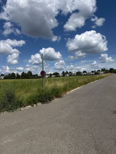 The image shows a street scene in Bottmingen, Switzerland. The camera angle is oriented to the sky with large, puffy white clouds on a blue background. Adjacent to the sky is a grassy median with a "No Parking" sign, and a row of small, white buildings in the background. To the right of the median is a gray asphalt street.
