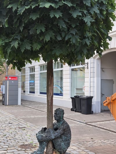 This media file depicts an outdoor scene in Ansbach, Germany. The main subjects are a bronze sculpture of a person intertwined with a tree, and a large tree with dark green leaves in the foreground. The sculpture appears to be made of many letters and words, adding a unique texture to the figure.
In the background, a modern building with white facade and large windows is visible. Some windows have signage, and one clearly displays "Sparkasse," a German savings bank. Other text visible on the signage includes "WIR GEBEN RÜCKENWIND" and "AUCH AUSSERHALE DER."
Several black trash bins with wheels are also present on the paved sidewalk. An orange object, possibly part of construction equipment, can be seen in the upper right corner. The ground is paved with cobblestones. The scene suggests an urban setting, possibly a street or public square, during daylight hours. The lighting is neutral, indicating it's likely daytime, though no strong shadows suggest a specific time. The overall atmosphere is neutral, focusing on the juxtaposition of nature (tree and sculpture) and urban infrastructure.