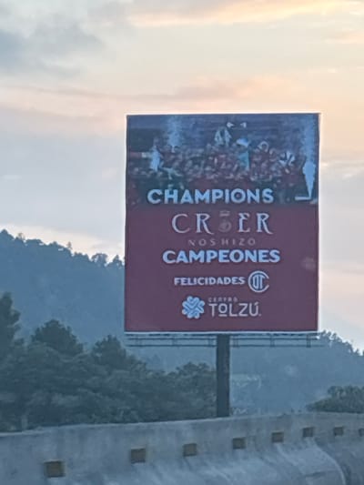 A billboard is positioned against a backdrop of a hazy, mountainous landscape and a pale sky with soft clouds. The billboard features a photograph of a jubilant crowd at the top, overlaid with text. The text reads "CHAMPIONS" in large white letters, followed by "CREER NOS HIZO CAMPEONES" in smaller white letters, and "FELICIDADES" with a stylized "C" logo and "CENTRO TOLZÚ" at the bottom. The billboard is mounted on a dark pole, which is supported by a grey concrete barrier in the foreground. The environment appears to be outdoors, likely along a road given the presence of the barrier.
