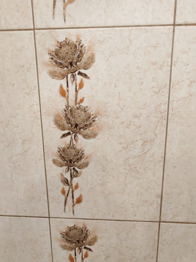 A tiled wall features a repeating pattern of stylized flowers in shades of brown and orange. The tiles are square and arranged in a grid. The background of the tiles has a subtle marble-like pattern. In the foreground, there are three complete flower motifs arranged vertically, with parts of a fourth flower visible at the top and bottom. Each flower is depicted with detailed petals, a central dark stamen, and a stem with small orange leaves. The image appears to be taken indoors, likely in a bathroom or kitchen, given the material and pattern of the tiles. The location of this tiled wall in the city of Kotovsk, Russia, is not evident from the image itself.