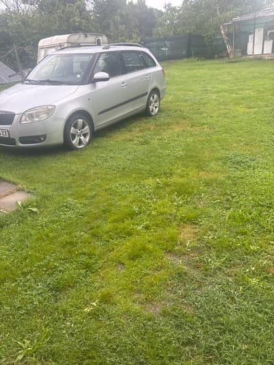 The image shows a silver Skoda Fabia parked on a green lawn, seemingly in a residential area. A small white caravan is attached to the back of the car. The lawn extends to the background, with trees, a wooden structure, and a green fence visible. The image appears to be taken on an overcast day. Based on the prompt, the location is Dabovets, Bulgaria, but there are no details in the image itself confirming that.