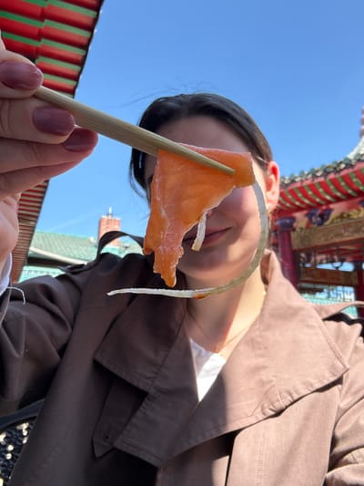 This upward-angled image captures a moment of a person enjoying a snack in an outdoor setting, under a clear blue sky. The photo is tilted, giving an unconventional perspective.
The primary subject is a piece of bright orange, glistening smoked salmon held by a wooden skewer or chopstick, positioned prominently in the foreground. Accompanying the salmon is a thin, translucent white ring, possibly an onion ring, which arcs near the person's face. A hand with neatly manicured nails, painted in a muted plum shade, holds the skewer. The person's face is partially visible behind the food, showing their chin, mouth, and one ear, framed by dark hair. They are wearing a brown or dark beige coat or jacket.
The background features a vast expanse of clear blue sky, indicating a bright and sunny daytime. Above and behind the individual, ornate and colorful architectural details are visible. These structures display intricate patterns in red, green, and golden hues, strongly reminiscent of traditional East Asian temple or palace architecture, such as decorative eaves and roof elements. Below these elaborate structures, glimpses of red and green striped elements suggest further decorative features or perhaps market stalls.
The activity taking place is the casual enjoyment of street food or a snack. The setting, located in Hainburg an der Donau, Austria, combines a natural outdoor environment with distinctive, culturally specific architecture. No text is visible in the image.