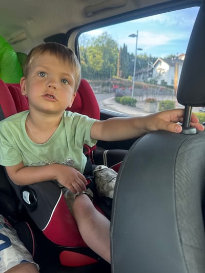 A young Caucasian boy with blonde hair and blue eyes sits in a car seat, looking to the left. He is wearing a light green t-shirt with a graphic print. His right arm rests on the headrest of the car seat. The car is viewed from the inside, with the boy in the foreground. Outside the car window, trees and houses are visible, suggesting a suburban or rural setting. The sky is blue with some clouds. The overall scene appears to be a candid shot taken during a car ride. The image's perspective and the visible background suggest the car is in motion or parked in a location with a view of a town or village. The location is confirmed to be Lavans-lès-Saint-Claude, France, based on the context provided.