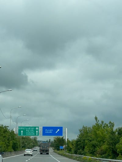 The image depicts a road in the city of Changilari, Georgia. Signage is visible for E60 to Batumi and Sukhumi, and Okami. Vehicles including trucks and cars are on the road. Streetlights line the road. The sky is overcast. The road is bordered by trees.