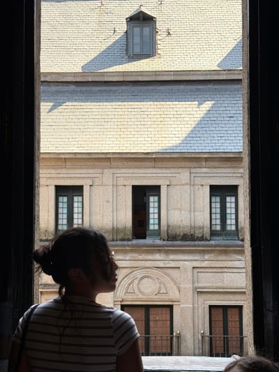 This is a photograph taken from inside a dark doorway, looking out at a stone building with a grey tiled roof and a dormer window. In the foreground, silhouetted against the light, is the back of a person with their hair tied up in a bun. They are wearing a striped t-shirt and are looking to the right. The building facade has multiple windows, some with dark frames and gridded panes, and others with closed wooden shutters. The sunlight casts sharp shadows on the roof and facade, indicating a bright day. The architecture suggests a historical or institutional building. The scene is located in San Lorenzo De El Escorial, Spain, likely within the Royal Site of San Lorenzo de El Escorial, a UNESCO World Heritage site that includes a palace, basilica, monastery, and museum.