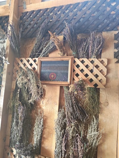 The image depicts a rustic display of dried herbs, likely lavender and other aromatic plants, hanging from a wooden lattice structure mounted on a wooden wall. In the center, a framed embroidered picture featuring a floral design is displayed. The overall impression is one of natural decor and traditional craftsmanship. This scene is located in the village of Mokhovichki, Russia, a place known for its natural beauty and agricultural practices.