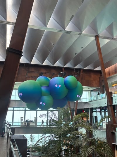 A low-angle shot taken inside a large retail space in Boca del Río, Mexico. The image is dominated by a suspended art installation composed of a cluster of large, spherical balloons. The balloons are blue and green, with what appear to be pairs of eyes digitally projected onto their surfaces. The balloons hang from a metal support structure attached to the building's interior architecture.
The retail space is characterized by its modern design, with exposed wooden beams and a multi-level layout visible in the background. Natural light streams through large windows. Reflections of people can be seen in the glass windows. A large potted tree provides contrast to the geometric lines of the building.