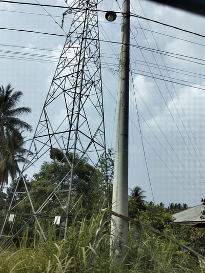 The image captures a scene in Blang Mee, Indonesia, featuring a tall, lattice-style electricity pylon dominating the left side of the frame. To the right of the pylon, a concrete utility pole stands, equipped with a light fixture at its top and various electrical wires extending from it. In the foreground, tall green grass grows abundantly, partially obscuring the base of the pylon and the utility pole. Behind the pylon and pole, a dense arrangement of trees forms a lush green backdrop. In the far right of the image, a portion of a building with a corrugated metal roof is visible, nestled amongst the trees. The sky above is overcast with a pale blue hue and scattered white clouds. The overall impression is one of rural infrastructure amidst natural greenery.