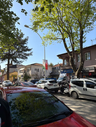 This is a daytime photograph capturing a street scene in Iznik, Turkey, under a clear, bright blue sky. The image features a street lined with multi-story buildings and numerous trees with vibrant green foliage.

On the right side of the street, several buildings are visible, some with balconies and white-framed windows. Prominent signage includes "OCAK GAYRİMENKUL BANKASI" with the phone number "767 32 23", "Yurtiçi Kargo" (Domestic Cargo) with its 'X' logo, and "YAZAN İNŞAAT" (Yazan Construction).

The street is occupied by various parked vehicles, including a red sedan prominently in the foreground, a white commercial van, a white sedan, and a blue sedan further down. A white scooter/moped is parked between two cars. Tree branches and leaves are reflected in the windows and bodywork of the red sedan.

A tall street lamp with a curved arm extends over the street. A flagpole displays two flags: the national Turkish flag (red with a white star and crescent) and another flag with green, white, and red colors, featuring a crest. The trees cast distinct shadows on the pavement, indicating good daylight and sunny weather. A license plate "16 FBW 89" is visible on one of the cars, with "16" signifying the Bursa province, where Iznik is located.