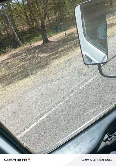 The image captures an exterior view from the passenger side of a vehicle in Malewa West ward, Kenya, looking out and partially through the side mirror. A paved road, appearing to be asphalt with aggregate, traverses the midground, featuring a solid white line and a parallel, intermittent white line. To the left of the paved road, a dirt shoulder transitions into a wider unpaved track, which abuts a dense area of trees with light-colored, mottled bark and sparse green foliage. Shadows from the trees are prominently cast across the dirt ground, indicating direct sunlight.
A white, rectangular side mirror is positioned on the right side of the frame. Its reflective surface displays a partial view of a person seated within the vehicle, identifiable by the upper torso wearing a light-colored, possibly patterned shirt. The lower right corner of the image shows a dark grey interior panel, consistent with a vehicle's dashboard or door trim. The scene is illuminated by clear daylight.