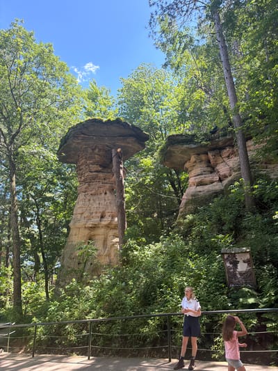 The image shows the park-like setting of a natural rock formation in the Town of Lyndon, United States of America. Two people are visible: an adult woman wearing a white short-sleeved shirt and dark shorts, standing and speaking; and a young girl in a pink t-shirt and denim shorts, facing away from the camera. They are standing behind a dark metal railing that separates them from the rock formations and vegetation. The rock formations are large, sculpted sandstone structures with overhanging caps, surrounded by lush green trees and foliage. A wooden interpretive sign is mounted on the rock face to the right of the frame. The sky is bright blue with a few wispy clouds. The overall scene depicts an outdoor tourist attraction with natural geological features.
