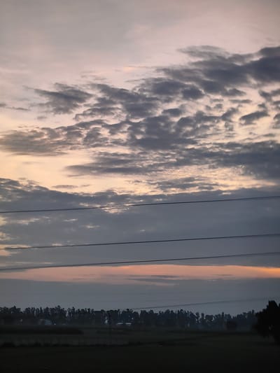 The image depicts a dusky sky over a landscape in Jirbari, India. Wispy, dark clouds are scattered across a pale, pinkish-grey sky. Three horizontal power lines stretch across the middle of the frame. Below the sky and power lines, a dark, silhouetted line of trees forms a distant treeline, with some faint hints of structures within it. The foreground consists of a dark, indistinct field. The overall impression is one of twilight or early dawn in a rural or semi-rural area.