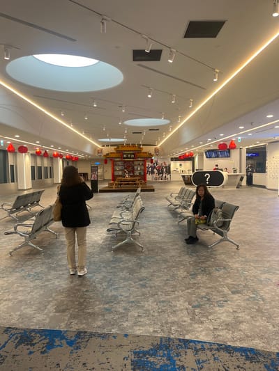 The image depicts the interior of a modern airport terminal, specifically a waiting or concourse area within Taiwan Taoyuan International Airport in Taoyuan City, Taiwan. The environment features a light-colored, high ceiling with multiple recessed circular light wells or skylights, numerous track lights, and linear LED strip lighting running diagonally. The floor is covered with patterned carpet tiles in shades of grey, blue, and white.

Two individuals are prominently visible. In the foreground, slightly left of center, a female figure stands with her back mostly to the camera. She wears a dark jacket, light tan trousers, and white sneakers, carrying a light brown shoulder bag on her left shoulder. To the right, in the mid-ground, a second female figure is seated on a grey padded waiting bench with chrome legs. She has dark hair, wears a dark hoodie, light grey trousers, and dark shoes, holding a small, light-colored bag or item in her lap. Neither individual is actively interacting with the other.

Multiple rows of identical grey waiting benches are arranged throughout the space. Along the left wall, tall windows are adorned with several red teardrop-shaped lanterns. In the central background, a prominent traditional East Asian-style structure, possibly a pavilion or display stand, features a red roof, intricate detailing, and the characters "你好台灣" (Hello Taiwan) above an interior filled with various displayed items, a low wooden table, and stools. Further back on the right, a curved white information desk is visible, marked with a large black question mark symbol. Two indistinct figures are situated behind this desk. Additional red lanterns are suspended above the area around the information desk.