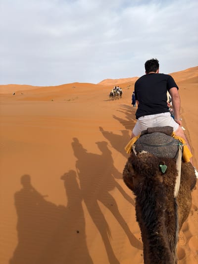 A medium shot shows a man riding a camel on a sand dune, likely in the city of Rissani, Morocco. The man is wearing a black t-shirt and light shorts, and he is facing away from the viewer. The camel is adorned with a saddle and other riding equipment. In the background, a small group of people are also riding camels in the same direction. The scene is set in a desert landscape, with large sand dunes and a cloudy sky. The shadow of the camel in the foreground is prominent on the sand.