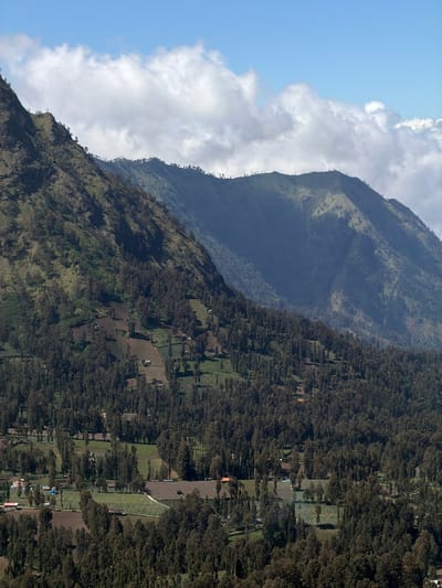This is an aerial perspective photograph of the natural landscape in Cemorolawang, Indonesia. The image is dominated by rolling hills covered in dense, dark green trees, creating a textured, undulating surface. Interspersed within the forested areas are patches of cultivated land, appearing as lighter green and brown geometric shapes, indicating agricultural activity. Small structures, likely houses or farm buildings, are visible scattered across these cultivated areas. In the background, larger, more distant mountains are visible, their slopes softened by a layer of haze and bathed in dappled sunlight, creating a sense of depth. The sky above is a clear blue, with scattered white clouds drifting lazily across the frame. The overall impression is one of a rural, mountainous terrain with evidence of human habitation integrated into the natural environment.