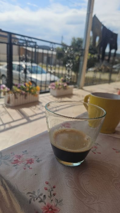 The scene depicts an outdoor setting in Negorci, North Macedonia, observed from a balcony or patio in bright daylight. In the immediate foreground, a clear glass tumbler, approximately half-filled with dark espresso topped with light brown crema, rests on a light-colored tablecloth patterned with faded pink floral motifs. To the right of the glass, a yellow ceramic mug is partially visible. Beyond the table, a dark-colored metal railing, likely part of a balcony, casts distinct shadows onto a light surface below. Two white rectangular planters, each containing various colorful flowers (yellow, pink, purple), are positioned behind the railing. In the blurred background, a light-colored vehicle, possibly silver or white, is parked. Further in the distance, indistinct buildings and green foliage are visible under a blue sky with scattered white clouds. To the far right, a dark, angular structure or object, possibly an architectural feature or laundry, stands silhouetted against the sky. No individuals are present.