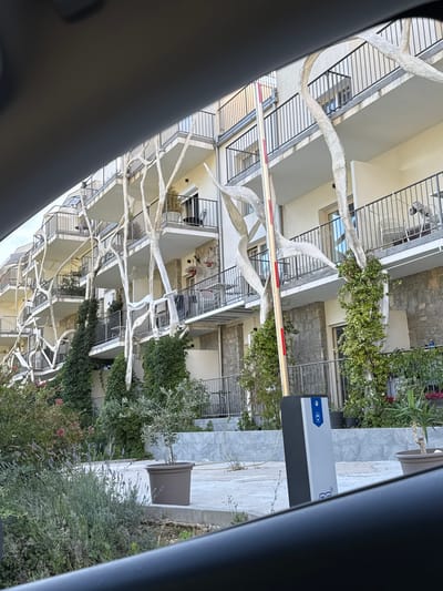 The image, taken from within a vehicle looking outwards, displays a multi-story building complex, likely a residential apartment building or hotel, under bright daylight. The building features several levels of balconies with black metal railings and a light-colored, possibly white or beige, facade.
A prominent feature in the foreground and midground is an intricate network of thick, white, branch-like structures that appear to be decorative elements, possibly trellises, attached to the building and spanning across multiple balconies. Some of these structures have green leafy plants growing on them.
At ground level, a red and white striped security barrier arm extends across what appears to be an access road or driveway, indicating controlled entry to the property. To the right of the barrier, a grey vertical post is visible, which seems to be part of the barrier system. This post has a blue and white logo or symbol near the top and partially visible text, possibly "COMM" or similar, on its side.
The immediate foreground includes part of the car's interior, dark in color, framing the shot. Beyond the barrier, there are various green plants and bushes, some with small flowers, adding to the lush outdoor environment. One large, brown potted plant is also visible on the tiled ground area. The architectural style, bright lighting, and vegetation are consistent with a Mediterranean climate, fitting the given location of Vrijesno, Montenegro. No people are visible, and no specific activity beyond the implied function of the security barrier is taking place.