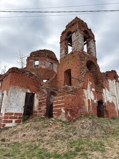 The image shows the ruined Church of the Intercession of the Holy Virgin, located in Staroe Rakomo, Russia. The church, constructed of red brick, is heavily damaged, with large sections of walls and roof missing. Patches of remaining white plaster are visible on the brickwork. Some window openings have remnants of metal grating. Vegetation, including grass and small trees, grows on and around the ruins. A utility line is visible against a cloudy sky.