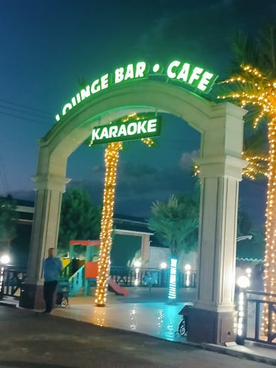 The image depicts the entrance to a "LOUNGE BAR CAFE KARAOKE" establishment at night. A man, wearing a blue shirt and dark pants, stands to the left of a large, ornate archway. The archway is illuminated with green neon lights that spell out the establishment's name. Below the main sign, a separate green neon sign reads "KARAOKE." The scene is decorated with numerous small yellow lights wrapped around palm trees, creating a festive atmosphere. In the background, a children's playground structure is visible. The ground appears wet and reflective, possibly due to recent rain or cleaning. The overall impression is of an outdoor entertainment venue in a somewhat tropical or warm climate, given the palm trees. The location is identified as Aksukent, Kazakhstan.