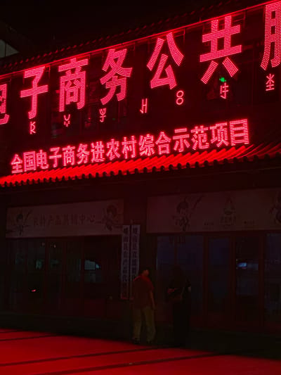 The image depicts a nighttime street scene in Eshan Yi Autonomous County, China. A prominent, bright red LED sign across the top of the frame reads "电子商务公共服务中心" (E-commerce Public Service Center), with smaller red LED text below it stating "全国电子商务进农村综合示范项目" (National E-commerce into Rural Areas Comprehensive Demonstration Project). Below the signs, the facade of a building is visible, featuring wooden doors and windows with reflections. A banner on the building reads "农特产品展销中心" (Agricultural and Specialty Product Exhibition Center). Two individuals are present; one person in a red shirt and light-colored pants stands to the left, looking towards the building. Another individual in dark clothing stands to the right, holding a bag, and looking into the building. The ground in front of the building is illuminated by the red glow of the LED signs and appears to be a red carpet or walkway. The overall environment suggests a commercial or service-oriented establishment.