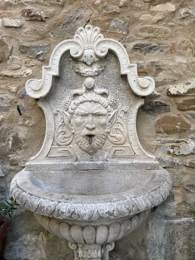 The image shows a weathered stone fountain mounted on a stone wall. The fountain features a carved human-like face with a beard, horns, and grapes in its hair, from whose mouth a small spout emerges. Below the face is a basin with a decorative rim. The wall behind the fountain is constructed from irregular stones of various sizes and colors, some appearing rough and others smoother. The overall aesthetic suggests an older, rustic setting, consistent with the historic architecture found in towns like Dolceacqua, Italy. There are no people or visible actions in the image. A few green plants are present to the left and right of the fountain, suggesting it might be in an outdoor or garden area.