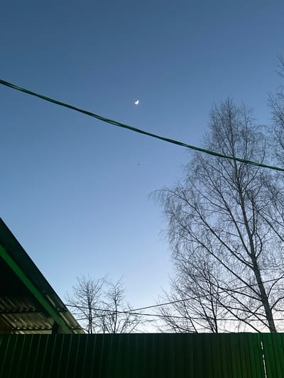 The scene depicts an outdoor environment under a clear, light blue sky in 3-Y Uchastok, Russia. A white crescent moon is visible in the upper right sky quadrant. Below the moon and slightly left, a small, dark, unidentified aircraft is present. Two dark green insulated wires, likely power or communication lines, traverse horizontally across the mid-section of the image. The upper left corner shows the angled eave of a dark green corrugated metal roof. A dark green corrugated metal fence occupies the bottom fifth of the frame. Several bare deciduous trees, characterized by their fine branching, are visible in the right half of the image and partially in the left mid-ground, suggesting a late autumn or winter season. No individuals are visible.