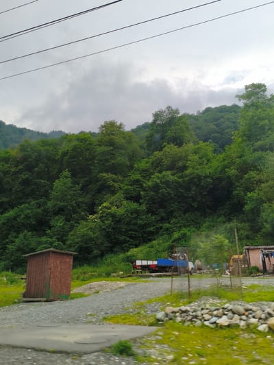 The image depicts an outdoor scene in a rural, possibly mountainous area. In the foreground, a gravel path leads towards a small, rustic wooden outhouse painted brown with green accents. To the right of the outhouse, a lighter-colored gravel area is visible, with a small, light pink building in the background. This building appears to be a dwelling or storage structure, with laundry hanging on a line in front of it.
Further back, a blue and white truck is parked, suggesting some activity or recent movement in the area. The truck appears to be a utility vehicle, possibly a service truck. Behind the truck and the pink building, a dense forest of lush green trees covers a sloping hillside, extending into the distance. The trees are varied in size and type, creating a rich tapestry of green. The sky above is overcast with a layer of grey clouds, indicating a potentially cloudy or approaching rain. The lighting suggests it is daytime, but the cloud cover diffuses the sunlight.
The overall impression is one of a remote, natural setting with signs of human habitation. The presence of the outhouse, truck, and building points to a lived-in or utilized space within the wilderness. The location context provided, Gusyra, Russia, places this scene in a region known for its natural beauty and forests. No text is visible in the image. The scene evokes a sense of quietude and perhaps a slightly melancholic atmosphere due to the overcast sky.