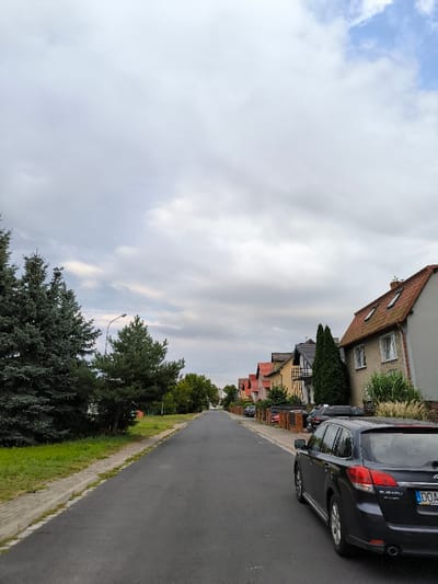 The image presents a residential street in Oława, Poland, viewed from street level looking down its length under a predominantly overcast sky with visible lighter cloud formations. The asphalt road surface appears in good condition, without visible markings. On the left side, a green grassy verge with a concrete curb borders the street, followed by a dense cluster of dark green evergreen trees in the foreground and a more sparsely leaved pine tree further back, alongside a street light pole. On the right side, a dark gray Subaru Outback station wagon, displaying a Polish registration plate beginning with "DOA" (indicating Oława), is parked parallel to the curb, facing away from the camera. Behind this vehicle, a continuous row of detached or semi-detached residential houses with varied facades (including beige, yellow, and pink) and red or dark tiled roofs extends into the distance. Several other vehicles are parked along the right side of the street further along the row of houses. No individuals are visible within the scene.