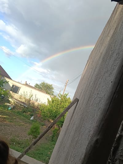 A rainbow arcs across a cloudy sky, its colors visible against the grey and blue hues. In the foreground, a rough, textured surface dominates the right side of the frame, possibly a wooden structure or wall. A thick rope runs diagonally across this surface, appearing to be attached to something unseen.
Below the rainbow and beyond the textured foreground, a yard is visible. A partially constructed building with cinder block walls and open window frames stands to the left. Surrounding the building are various items of debris, including what appear to be pieces of metal sheeting and a green plastic bag. Lush green trees and bushes are scattered throughout the yard, suggesting a rural or semi-rural setting. A small, green pine tree stands out in the center of the yard. The ground is a mixture of dirt and grass.
The scene suggests a moment after a rain shower, given the presence of the rainbow and the somewhat muddy ground. The lighting indicates it is likely late afternoon or early evening. The overall impression is one of a humble, outdoor setting in a place where simple structures and natural elements coexist. No people are visible in the frame.
