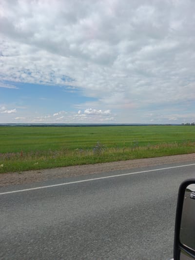 The image depicts a view from a vehicle traveling on a paved road. The road is grey asphalt with a white line marking its edge. To the left of the road is a strip of grass and wildflowers, followed by a vast, green agricultural field stretching to the horizon. In the distance, a dark line of trees forms a border, and beyond that, the landscape appears to be a flat plain. The sky above is filled with a mix of white and grey clouds against a pale blue background. The reflection in the side mirror on the right shows another vehicle. The scene is consistent with a rural or semi-rural environment, possibly a highway or country road in the vicinity of Kovriga, Russia, given the visual characteristics of the landscape and the potential for such agricultural fields.
