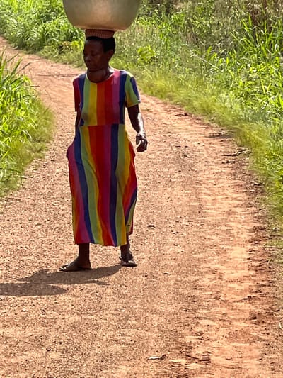 In Logba Adzakoe, Ghana, a lone individual is depicted walking on a reddish-brown dirt path. The person, an adult female with dark skin, is centrally positioned and moving from the viewer's right to left. She wears a full-length, short-sleeved dress featuring vertical stripes in multiple colors, including red, orange, yellow, green, and blue. A large, light-colored basin or bowl is balanced directly on her head, separated by a circular, brown pad. Her hands are at her sides, and she is wearing open-toed sandals. Distinct shadows are cast on the path to her left, indicating direct sunlight. The dirt path is flanked on both sides by dense, tall green grass and foliage. The environment is rural, with no other structures or individuals visible.