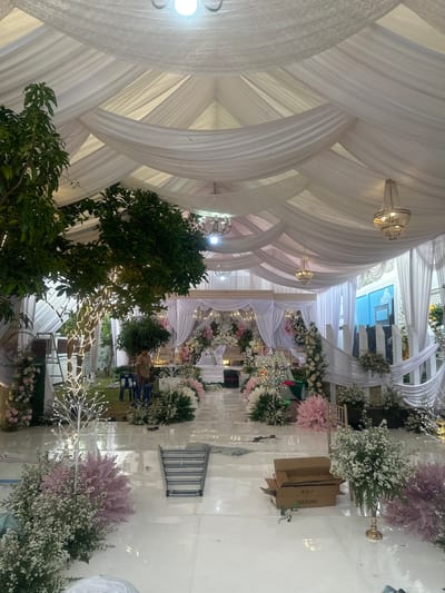 An indoor wedding setup in Langa, Indonesia, features draped white fabric ceilings with ornate chandeliers, creating a soft, elegant ambiance. Lush green trees, one adorned with string lights, stand on the left side, adjacent to a white tent structure. The floor is a highly reflective white surface, possibly polished concrete or tile. In the background, a stage area is decorated with white and pink floral arrangements and a white sofa. A single male figure, dressed in a brown shirt and dark pants, is visible near the stage, appearing to be overseeing the setup. Various floral arrangements, white decorative trees, and furniture are placed around the space. Several cardboard boxes, one with "MADE IN CHINA" printed on it, and a metal ladder lie on the floor, suggesting that the setup is still in progress or being prepared.