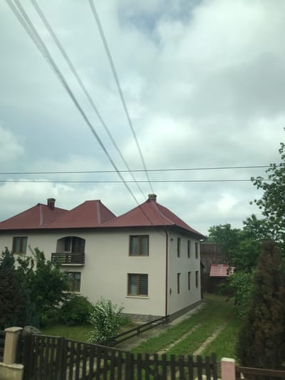 The image captures an exterior scene in Vicovu de Sus, Romania, under an overcast sky filled with light grey clouds. Four distinct, parallel diagonal lines, consistent with reflections or streaks on a window, traverse the upper left and upper right quadrants of the sky. Two prominent horizontal black power lines stretch across the mid-upper portion of the frame. The central subject is a two-story building with light beige stucco walls and a complex, multi-gabled roof covered in dark red corrugated metal. A stone chimney rises from the central section of the roof. The house features multiple rectangular windows with light-colored, possibly wooden, frames. On the first floor, an arched balcony with a dark wooden railing projects from the facade.

In the foreground, a dark wooden picket fence partially obstructs the view. To the left of the house, dark green coniferous trees and various shrubs are visible. Directly in front of the house, a landscaped area contains green grass, several bushes, and a bush with white blossoms. To the right of the main house, a dirt path with two parallel tracks extends through a grassy area, leading towards the background where a smaller structure with a red roof is partially visible amidst dense green foliage. A large tree with bright green leaves is situated along the right edge of the frame. No individuals are present or engaged in any discernible action.