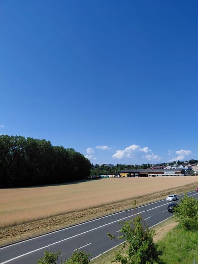 An aerial view captures a sunny day in Ecublens, Switzerland. The scene is dominated by a clear blue sky with a few scattered white clouds. In the foreground, a highway with two lanes in each direction cuts through the landscape. Several vehicles are visible on the highway, including a white car, a black car, and a partially visible red car. The highway is bordered by a grassy embankment and a field of ripe wheat.
To the left of the highway, a dense line of dark green trees forms a boundary. Beyond the field, industrial buildings are situated, with one prominent building featuring a sign that reads "boissec". Residential buildings and more trees are visible on a gentle slope in the background, characteristic of the suburban landscape of Ecublens. The overall impression is one of a rural or semi-rural setting on a bright, clear day.