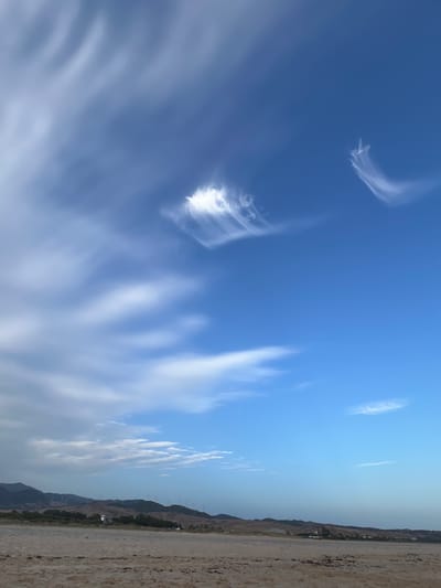 The image depicts a wide, sandy beach with a calm sea in the distance, under a bright blue sky dotted with wispy white clouds. The horizon is a soft transition from the sandy foreground to rolling, arid hills in the background. These hills are sparsely populated with trees and feature a prominent line of wind turbines, indicating a location known for its renewable energy infrastructure. A few small buildings are visible nestled among the trees on the hillsides. The overall impression is one of natural beauty and a peaceful, open landscape.
This scene is characteristic of the coastal areas around Tarifa, Spain, a city renowned for its wind-swept beaches and its position as a major hub for wind energy generation. The expansive sky and the presence of wind turbines are hallmarks of this region.