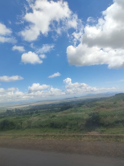 The image shows a landscape in Kibirichia ward, Kenya, under a partly cloudy blue sky. The foreground features a paved road with patches of greenery alongside. Beyond the road lies a sloping field with various shades of green vegetation. In the middle ground, the landscape extends into a broader valley with scattered trees and shrubs. Distant mountains are visible on the horizon. No people or animals are discernible.