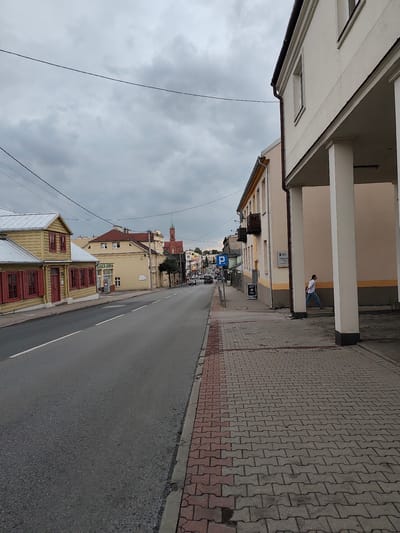 The image depicts a street scene in Zgierz, Poland, on an overcast day. The sky is a uniform grey, suggesting cloudy or possibly rainy weather. The scene is a street with a road running down the center and a paved sidewalk on the right.
On the left side of the street, a row of buildings is visible, including a light yellow wooden house with red shutters. Further down the street, there are more buildings, some appearing to be commercial establishments, with cream and yellow facades. In the distance, a red brick church with a tall steeple is prominent, indicating the presence of a significant religious building in the area. There are cars and traffic on the road, suggesting it is a functional street with ongoing activity.
On the right side of the street, there is a building with white columns supporting an overhang. A person is walking on the sidewalk in front of this building, wearing a white top and blue pants. The sidewalk is paved with interlocking bricks, a mix of grey and red. There are also some signs visible, including a blue parking sign and other commercial signs which are too small to be read clearly. The overall atmosphere is one of an ordinary day in a European town.