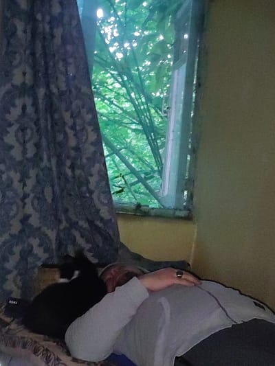 A person is lying down on a bed, with a black cat on their chest. The person is wearing a grey jacket and has a ring on their finger. To the left of the bed is a blue patterned curtain, and to the right is a wall. Behind the curtain is a window with green trees visible outside. The scene appears to be in a residential setting in Shua Makhinjauri, Georgia.