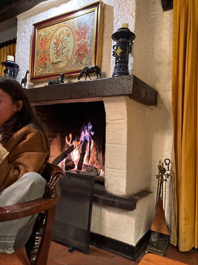 This image depicts an interior scene in Huasca de Ocampo, Mexico, characterized by a rustic aesthetic. The central element is a stucco fireplace, painted off-white, with a dark wooden mantelpiece. An active fire burns within the hearth, showing logs with orange, blue, and purple flames. A black metal mesh fire screen stands upright in front of the opening.
Above the mantel, a large framed artwork is mounted on the wall. It features a gold frame and an oval central motif depicting two stylized figures, one mounted on a horse, surrounded by a pattern of orange and red flowers. On the mantelpiece, from left to right, are a dark blue ceramic candlestick with a white candle, a small dark giraffe figurine, two dark animal figurines (one possibly a lounging dog, the other a grazing horse), and another dark blue ceramic candlestick with a white candle.
To the left, a partial view of an individual is visible. This person has dark hair, a light brown/tan jacket with a lighter lining near the collar, and light grey pants. They are seated in a dark wooden armchair, facing towards the fireplace. Only the right side of their face, ear (with a small earring), and shoulder are visible.
To the right of the fireplace, a set of brass fireplace tools (poker, tongs, brush) hangs on a stand. The walls throughout the visible area are textured and painted off-white. A section of a gold-orange textured curtain panel is visible on the far right. The floor consists of reddish-brown tiles, and dark wooden beams are partially visible on the ceiling in the upper left.