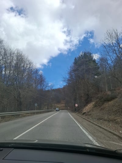 The image shows a view from inside a car, looking down a straight two-lane road. The road surface is gray asphalt with a white line marking the center. A vehicle is visible in the distance on the road.
The road is flanked by a steep, vegetated hillside on the right. On the left, bare trees line the road, with patches of blue sky and white clouds visible above.
A road sign is located on the right side of the road.
The location of the image is not possible to deduce from the image alone.