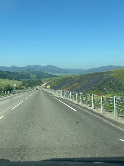 The image shows a highway in a rural, mountainous area. The road is paved and has white lane markings. On the right side of the road, there is a metal guardrail with red flags attached. The landscape is characterized by rolling green hills covered with vegetation, including patches of purple flowers. In the distance, several mountain ranges are visible under a clear blue sky. A few cars are driving on the highway, and there are trees on the left side of the road. The scene appears to be a scenic view along a road in the region of Altaiskoe, Russia.