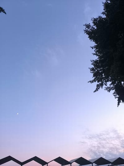 The image shows a wide view of the sky at dusk over Almere, Netherlands. The sky transitions from a light blue at the top to shades of purple and pink near the horizon. A sliver of the moon is visible in the upper left quadrant of the sky. In the upper right, the dark silhouette of tree branches is visible against the sky. Along the bottom edge of the image, the dark silhouettes of multiple gabled structures, possibly part of an outdoor market or covered seating area, are lined up horizontally. The scene is devoid of people and any discernible action.